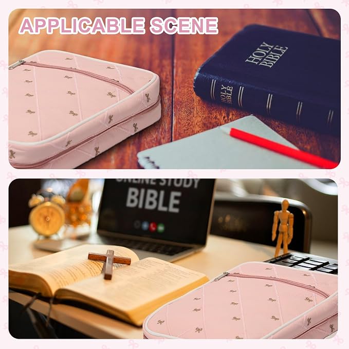 Pink Bible Bags for Women Organizer with Study Supplies Accessories, Quilted Bible Cover Case for Women Carrying Case for Girls Book Case Purse with Bible Stuff
