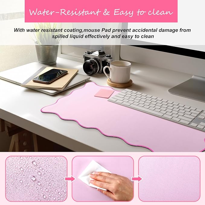 Hahafelt Scalloped Desk Mat Large Desk Pad Cute Coquette Table Mat Back to School Preppy Table Make up Pad Nonslip Graduation Gift with Stitching Waterproof Gaming(Pink,23.6 x 13.8 Inches)