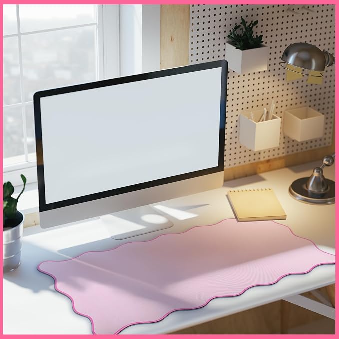 Hahafelt Scalloped Desk Mat Large Desk Pad Cute Coquette Table Mat Back to School Preppy Table Make up Pad Nonslip Graduation Gift with Stitching Waterproof Gaming(Pink,31.5 x 15.8 Inches)