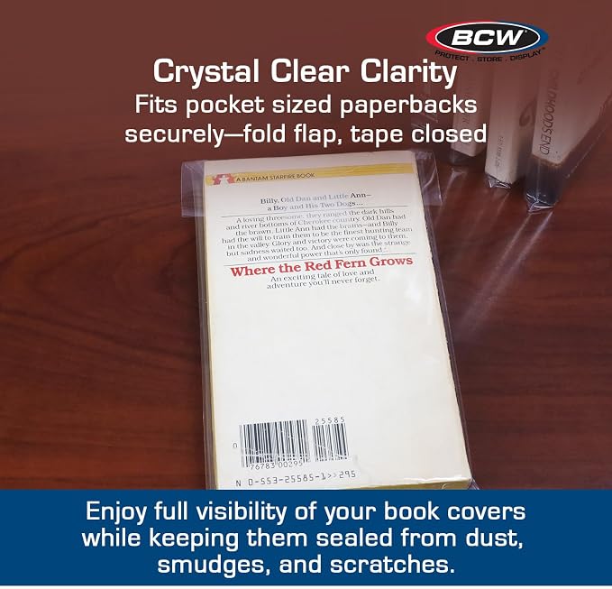 BCW Paperback Book Bags - 200-Pack | 5 x 7 3/8 Inches | Crystal Clear Polypropylene, Acid-Free Protection for Your Pocket Paperbacks | Book Covers for Paperbacks