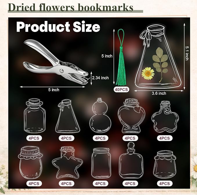 Tallew 81 Pcs DIY Dried Flower Bookmark Making Kit Include 40 Clear Transparent Bookmarks, 40 Colorful Tassels and Puncher, Handmade Craft Supplies for Women Girls Readers(Retro Style)