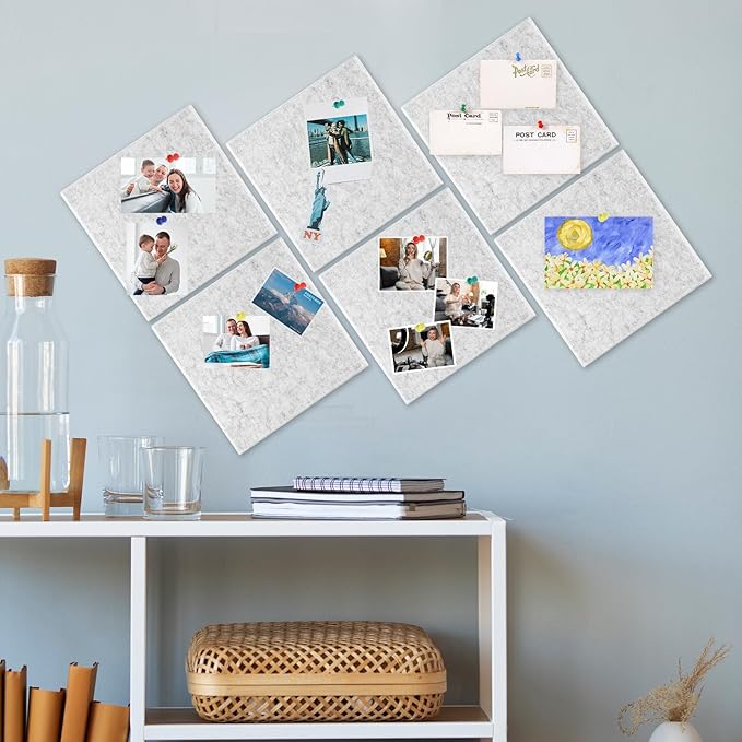 Large Cork Board 36" x 24", 6 Pack Felt Bulletin Board with 30 Pushpins, Cork Boards Alternative with Self-Adhesive Strips, Felt Wall Tiles Pin Boards for Walls Office Home School Decor-Light Gray
