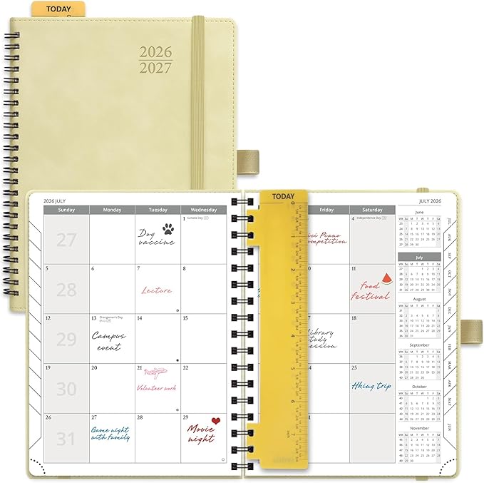 POPRUN 2026-2027 Monthly Planner, 6.5" x 8.5", 18 Month Calendar (July 2026 to December 2027) with Expense Tracker, Notes Pages, Sprial Bound, Leather Softcover - Beige