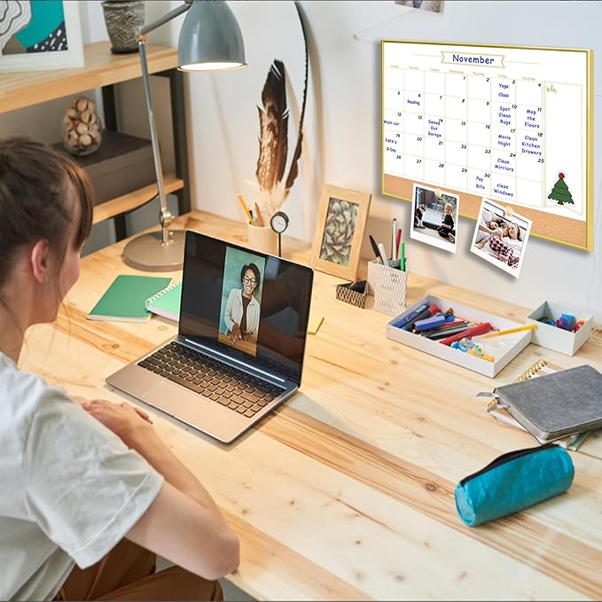 Whiteboard Calendar & Corkboard, 14.5" x 10.5" Dry Erase White Board & Bulletin Board, Gold Aluminum Frame Calendar/Cork Combo Board(ZHYL-Gold-2737-B)