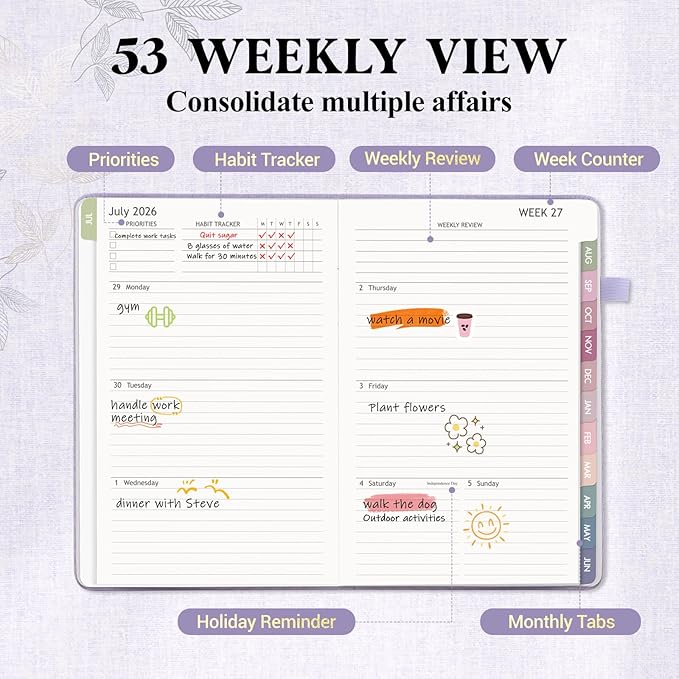 2026-2027 Planner Weekly and Monthly, Jul 2026 - Jun 2027, A5 Linen Cover Calendar Planner 2026-2027, Agenda Book with Colorful Monthly Tabs, Inner Pocket (5.8" x 8.3", Purple)