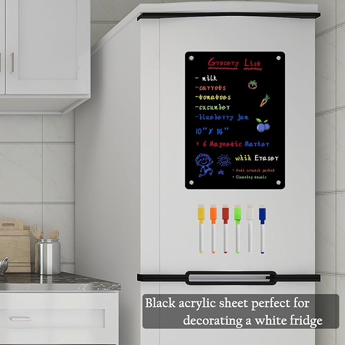 JonXon Acrylic Magnetic Dry Erase Board for Refrigerator,Acrylic Board for Fridge,to Do List for Fridge,Includes 6 Colors Markers(10" X 14” Black Blank)