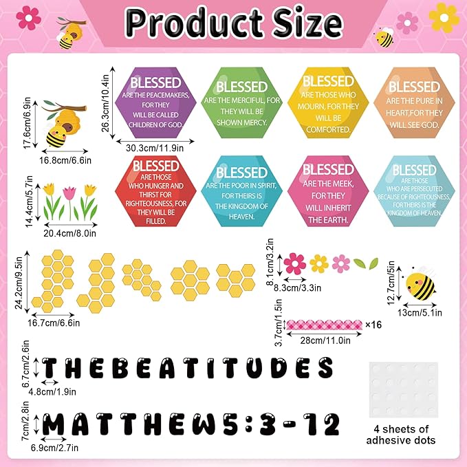 QOUBAI Christian Bulletin Board Decoration The Beatitudes Matthew 5:3-12 Classroom Decoration Motivational Bible Verse Paper Cutouts for Back to School Sunday School Church Parish Decor（Sunshine）