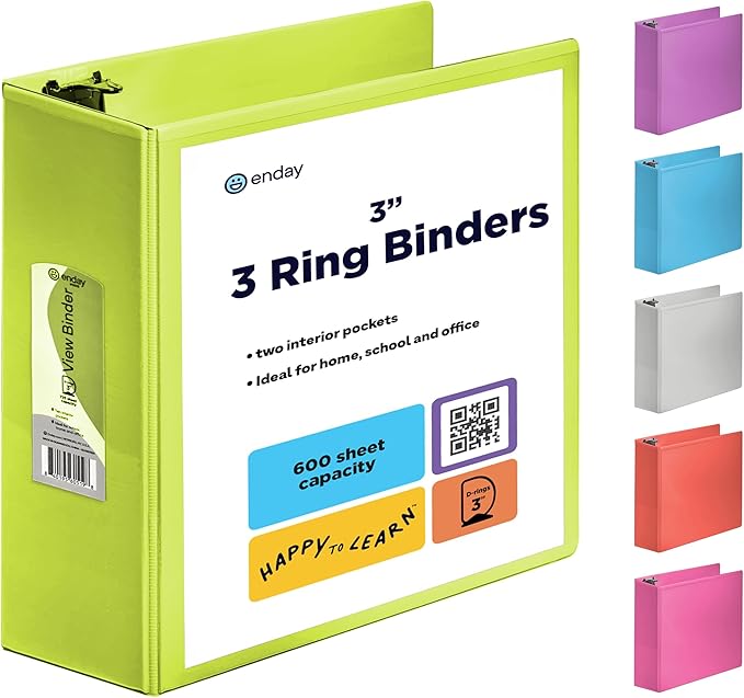 3 Inch Binder 3 Ring Binders Green, Slant D-Ring 3” Clear View Cover with 2 Inside Pockets, Heavy Duty Colored School Supplies Office and Home Binders – by Enday