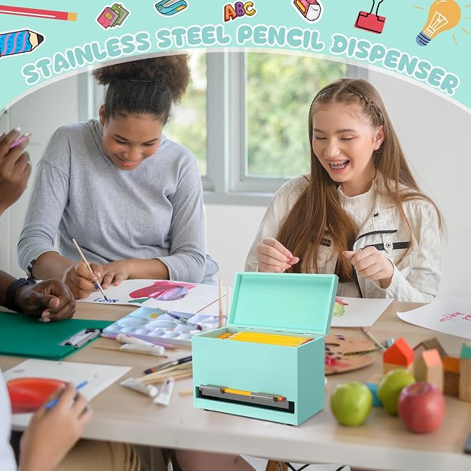Yalikop 1 Pc Wooden Pencil Dispenser for Classroom Pastel Wood Pencils Holder for up to 200 Pencils Reusable Straw Dispenser for Home Office Teachers Supplies Storage (Classic,Green)