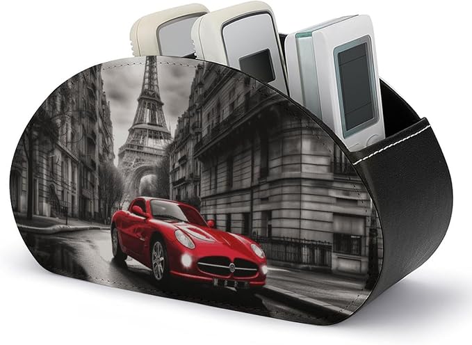 City Street Red Car Remote Control Holder TV Remote Caddy with 5 Compartments PU Leather Storage Box Stylish Desk Organizer for TV/DVD/Accessories Desk Office Supplies Home