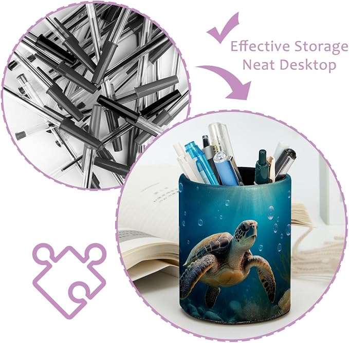 Turtle Ocean Pen Holder Pencil Organizer Cute Pencil Cup Desk Decor Makeup Brush Holder PU Multifunctional Office Supplies for Home Classroom School