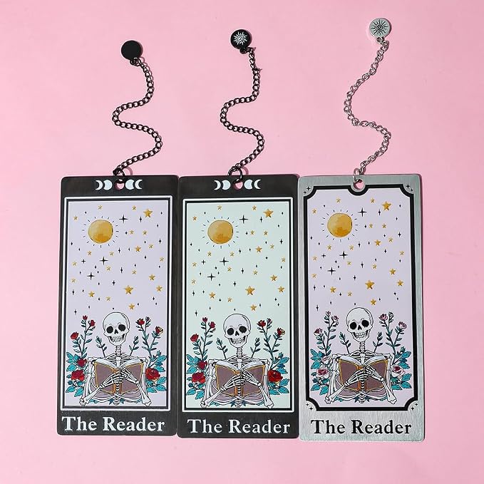 3Pcs Unique Skull Reader Bookmark - Metal Bookmark with Black Tassel, Star and Rose Pattern, Engraved “THE Reader” for Dark Gothic Lovers, Women Readers Fantasy Gift Gothic Gift (3PCS B)