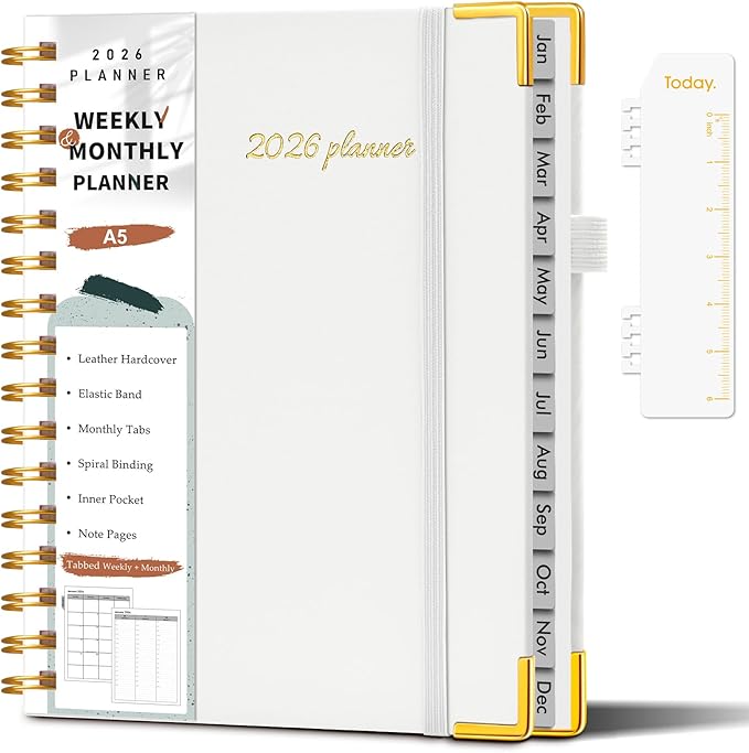 2026 Planner, Weekly and Monthly Calendar Planner from January 2026 - December 2026, 5.75" x 8.38" Hardcover Leather Hourly Appointment Book with Tabs, A5 Spiral Daily Planners for College School Work Home, White