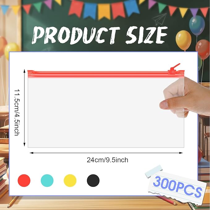 ReliThick 300 Pack Mesh Zipper Pouches Bulk, 9.5 * 4.3 In Small Pencil Case Plastic Envelopes for Cash Office School Supplies Storage, Money Organizing (Black, Red, Yellow, Green)