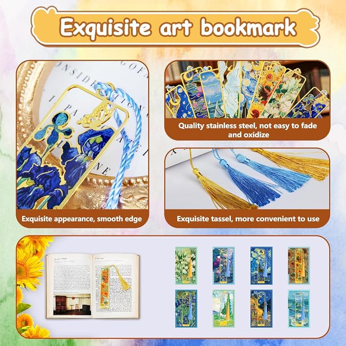 KInsound 8pcs Metal Bookmarks with Tassel, Golden Van Gogh Monet Oil Painting Theme Cute Book Markers for Reading Women, Men, Kids, Book Lovers, Reading Accessories Gifts for Book Lovers