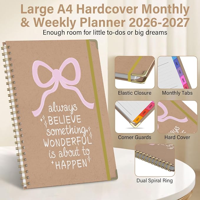 Planner 2026-2027, A4 Hardcover Weekly and Monthly Calendar Planner from July 2026 - June 2027, 8.5" x 11" Daily Agenda with Monthly Tabs, Spiral Bound, Inner Pocket, Cute Journal Organizer Notebook for Office School-Pink Bow