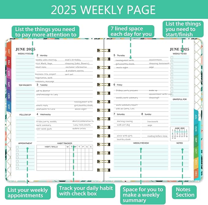 2025 Planner - 2025 Calendar/Planner Weekly and Monthly, JAN 2025 - DEC 2025, 6.3'' x 8.4'', Calendar 2025 Planner with Special Weekly Page, Green Ink Pages, Colorful Monthly Tabs, Back Pocket