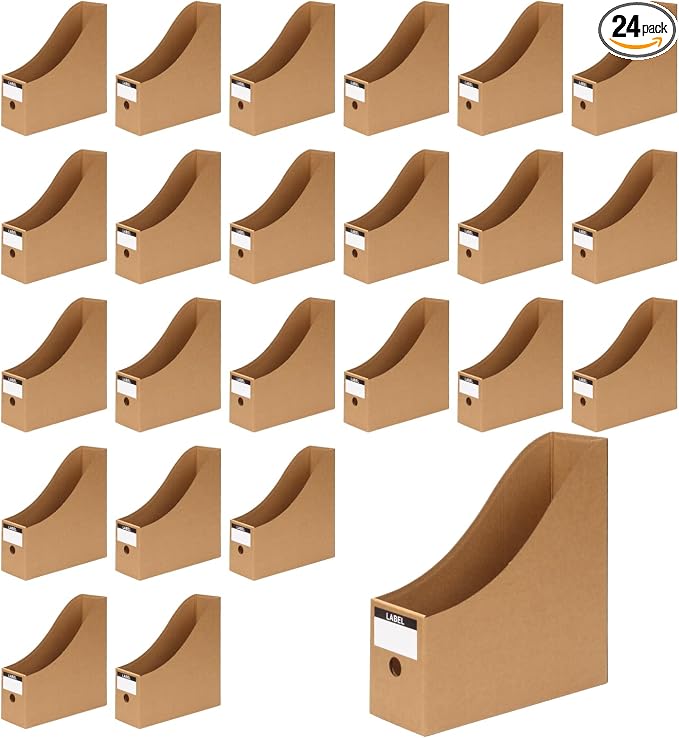 24 Pcs Cardboard Magazine File Holders, Bulk Kraft Paper Magazine Book Bin Box with Label Sticker, Paper Organizer Storage Folder for School Classroom Office Library Home Supplies Desk Shelve