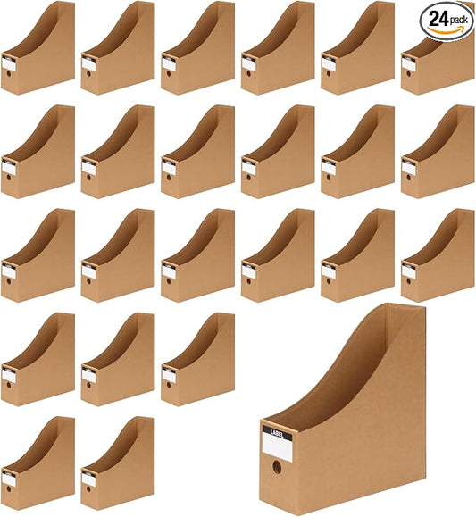 24 Pcs Cardboard Magazine File Holders, Bulk Kraft Paper Magazine Book Bin Box with Label Sticker, Paper Organizer Storage Folder for School Classroom Office Library Home Supplies Desk Shelve