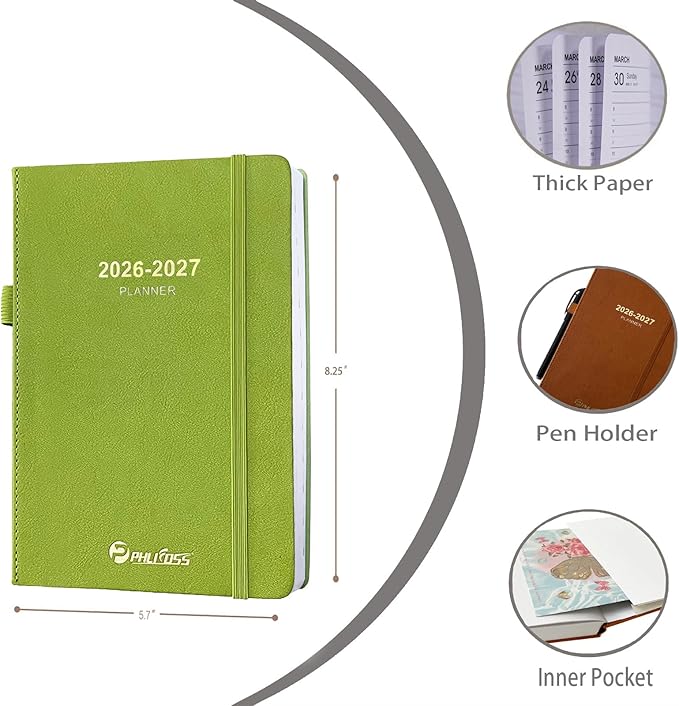 Daily Planner 2026-2027, One Page Per Day, Academic Calendar (July 2026 - June 2027), Appointment Book with Time Slots and Monthly Tabs, 5.7" x 8.25", Pocket, Leather Cove (Chartreuse)