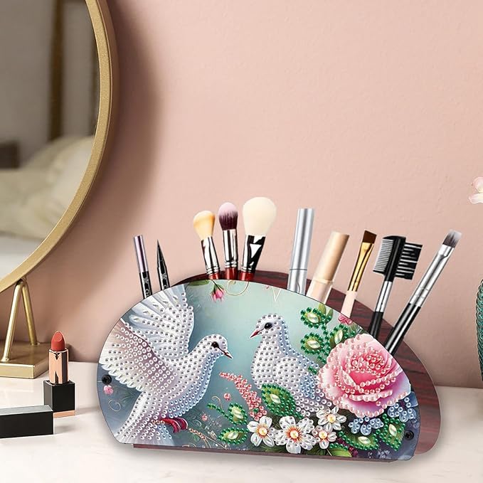 Remote Control Holder with 4 Compartments, DIY Diamond Art Painting Wooden Half Moon TV Control Holder for Remote Controllers, Office Supplies, Makeup Brush, Media Accessories-Pigeon-2