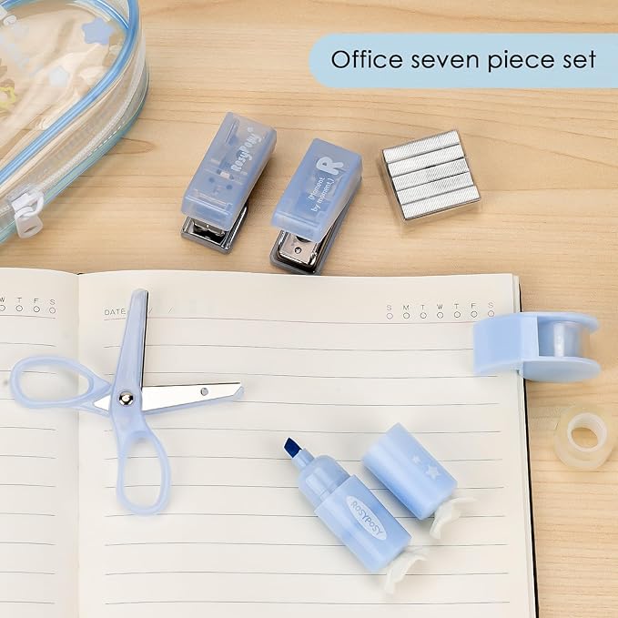 7PCS Office Supplies Kit - Mini Size for Portability, Set for Convenient and Efficient Office Work, Back to School, Mini Stationery Organizer Set: Compact Scissors, Hole Punch, Portable