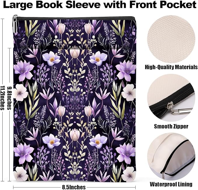 Book Lovers Book Sleeve, Book Accessories Bookish Gifts Book Gifts Friendship Christmas Birthday Gifts for Women Floral Lovers Teacher Mom, Aesthetic Book Pouch Book Protector, Purple Flowers