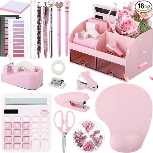 Feifeiya 18 Pack Pink Office Supplies Desk Accessories for Women Desk Organizer Box Calculator Staple Remover Stapler Scissors Clips Mouse Pad Sticky Notes Index Notes Tape Dispenser Ruler Tap Pen