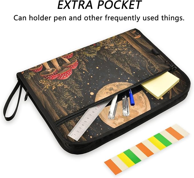 ALAZA Mushroom Forest Moon Expanding Filing Folder, 13 Pockets Expandable Document Organizer Folder with Zipper Closure for Home Office A4 Letter Size Paper Document