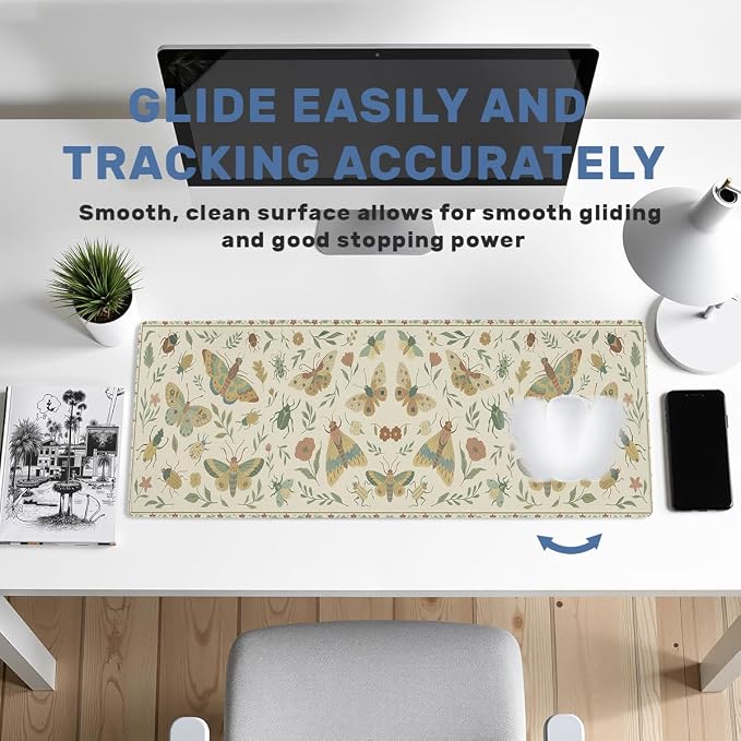 Vintage Insects Desk Mat Gaming Large Mouse Pad Moth Beetle Botanical Nature Mousepads Computer Keyboard Pad Mouse Mat Laptop Mat 31.5 x 11.8 Mouse Pads for Desk Home Office Gaming