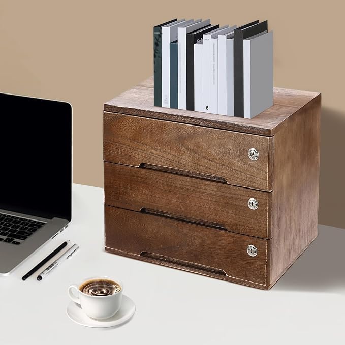 Wooden Desktop Storage Cabinet with 3 Lockable Drawers, Office Desk File Organizer, Small Wooden Drawer Storage Box for Home Office Supplies, Sewing Kits,Vanity, Walnut Color