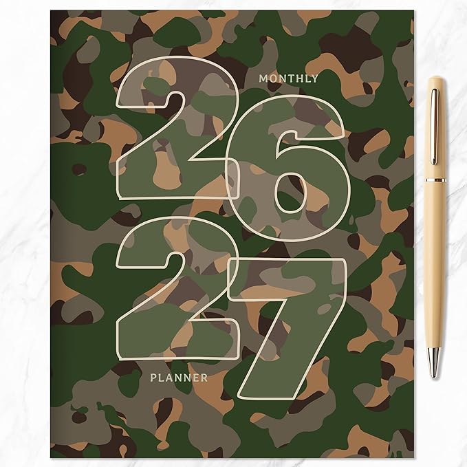 TF Publishing July 2026 - June 2027 Camo Medium Monthly Planner - 12 Month Academic Planner 2026-2027 with 2-Page Spreads, Monthly Calendar Grids and Planning Prompts - 6.5 in x 8 in