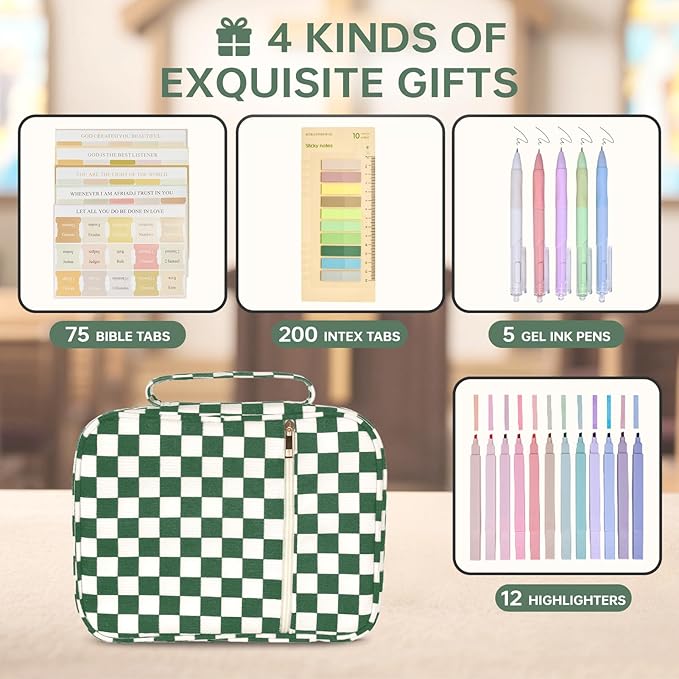 Bible Cover Case for Women Corduroy Bible Case for Girls Checkered Large Bible Cover with Handle Bible Study Supplies Accessories Christian Gifts for Women (Deep Green, Medium)