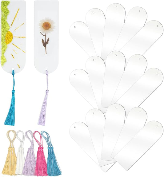Acrylic Bookmarks Blanks Bulk 30PCS Semicircle Clear Bookmark Plastic Blank 15 Sets with 5 Color Tassels for Vinyl DIY Craft (5.9 * 2.0 inch)