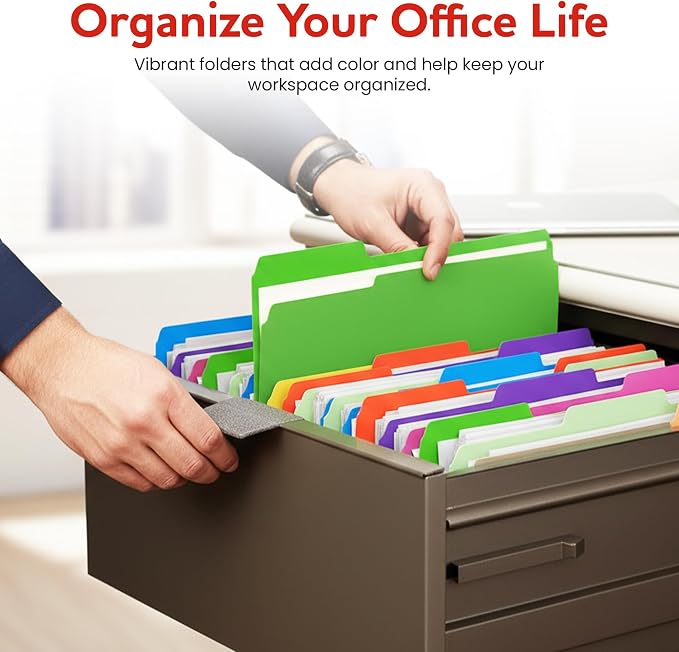 Colored File Folders 12 Pack Assorted Colors, 1/3-Cut Tabs, Letter Size 1/3-Cut Tab File Folders for Office, Home, School, Paper & Organization Filing Cabinets. (Assorted)