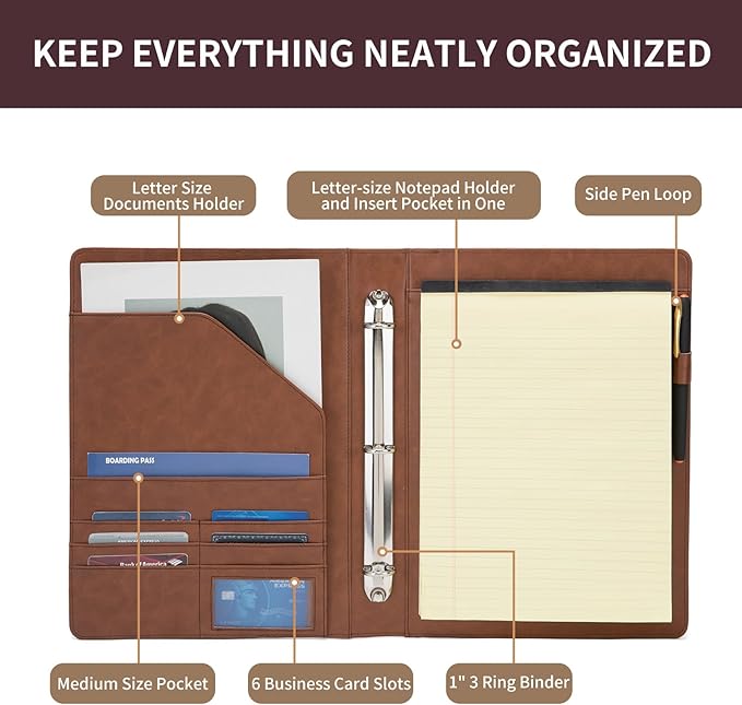 Vegan Leather 3 Ring Binder, 8.5 x 11 Letter Size Folio with Pen Holder, Soft Notebook Portfolio Cover, Slim Notepad Padfolio Thin File Organizer for Work Executive Meeting, Brown