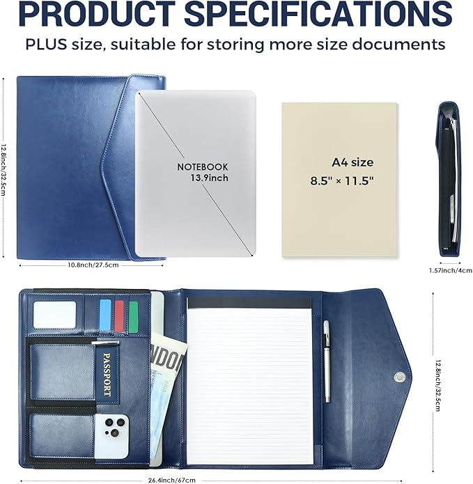 Professional Trifold Padfolio with Magnetic Closure – A4 Letter Portfolio Organizer for Business Meetings, Interviews & Presentations, Document Folder with Notepad Holder Blue
