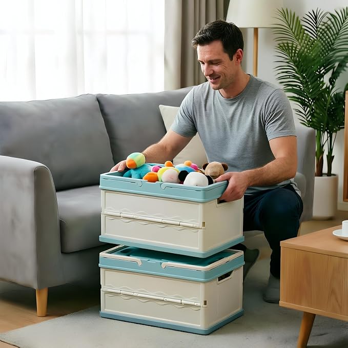 BEANGEL Collapsible Storage Crate with Lid and Handle, Foldable Plastic Bin, 7 Gallon, 16.5x11x9 in, for Home, Kitchen, Pantry, and Picnic