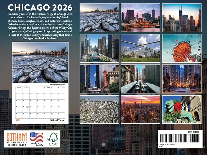 Chicago Calendar 2026 Wall 12 Month Monthly IL Scenic Souvenirs Themed Gifts | American Made In The USA