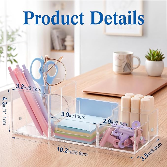 Novabright Magnetic 3-in-1 Clear Acrylic Desk Organizer, 6 Compartment Modular Pen Pencil Holder with Sticky Note Tray, Stationery Caddy & Desktop Storage Organizer for Office Home