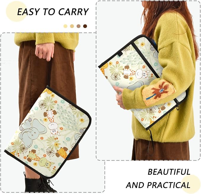 Cartoon Giraffe Elephant 13 Pockets Expanding File Folder with Sticky Labels Accordion File Folder Document Organizer Letter Size A4 Papers Expandable File Keeper
