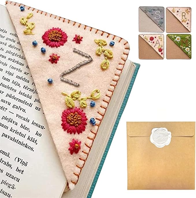 Personalized Hand Embroidered Corner Bookmark, 26 Letters Hand Stitched Felt Corner Letter Bookmark, Cute Flower Embroidery Bookmarks for Book Reading Lovers Meaningful Gift (Fall，Z