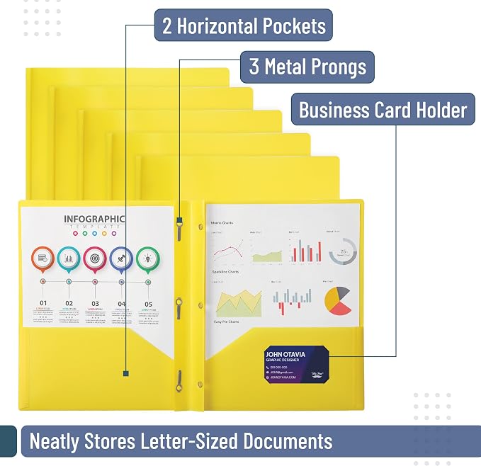 Mr. Pen- Plastic Folders with Pockets and Prongs, 48 Pack, Letter Size, Yellow, Flexible Plastic Folders with Prongs and Card Slot