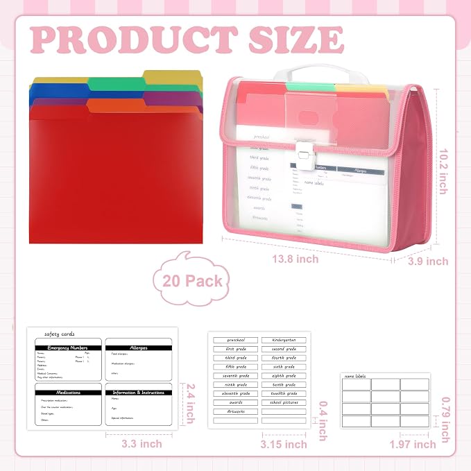 School Years Organizer Kit Clear Plastic Storage Tote with 20 Letter Size Colored Manila Folders 60 Reusable Sticker Labels School Memory Keepsake Box for Pre K to 12th Grade DIY Organization (Pink)
