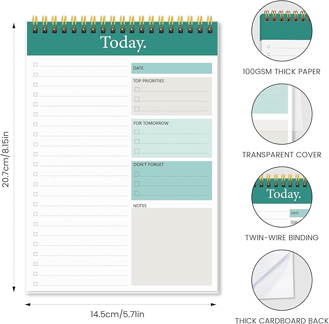 KMQOY To Do List Notepad - Daily Planner Pad Undated 52 Sheets Spiral Today Planner Note Pad Premium Thick Paper 6.5" x 9.8" For Work and Personal Organized - Green