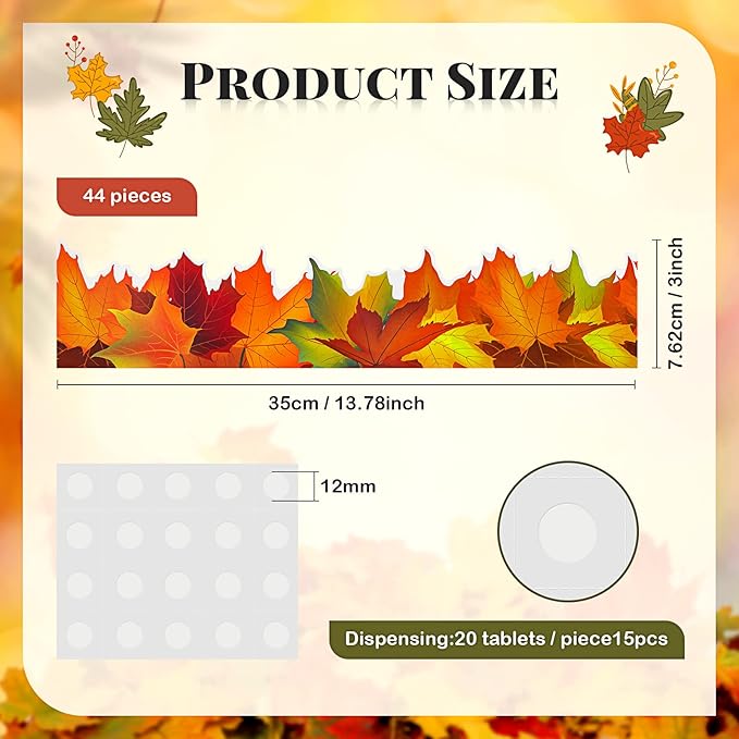 Leinuosen 50.5 ft Fall Bulletin Board Borders Maple Leaves Shape Die-Cut Bulletin Board Strips Colorful Autumn Leaf Trim with 20 Sheets Glue Point Dots for Fall Harvest Thanksgiving Classroom Decor