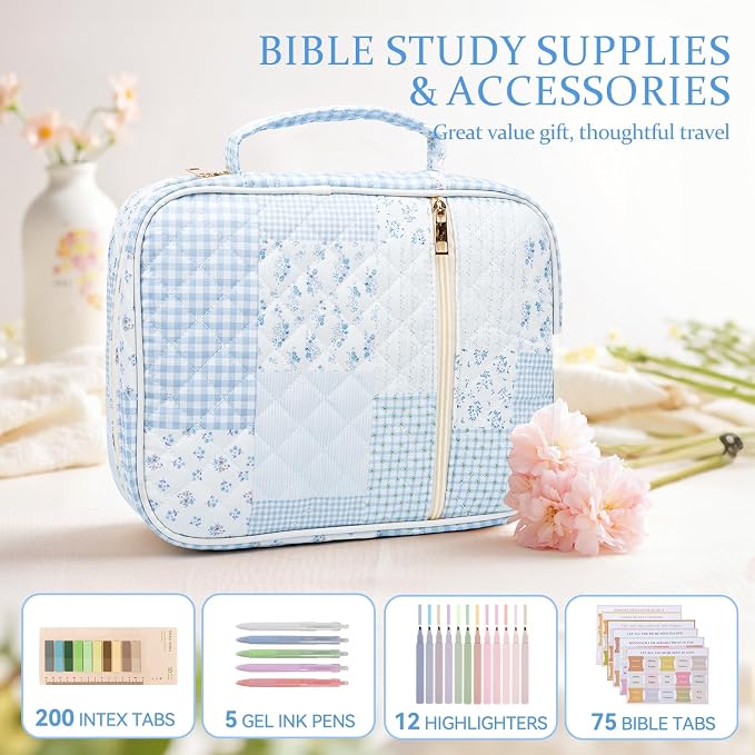 Bible Cover Case for Women Large Quilted Bible Carrying Bag with Handles Bible Study Supplies & Accessories Christian Gifts for Women(Cotton-Blue, M)