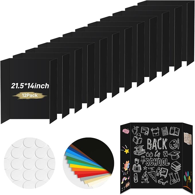 PSHVYM 12 Pcs Black Trifold Poster Board, 21.5 x 14 inches Poster Board with Double Sided Tapes and Cardboard, Corrugated Presentation/Display Board for School Project, Science Fair, Business