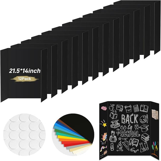 PSHVYM 12 Pcs Black Trifold Poster Board, 21.5 x 14 inches Poster Board with Double Sided Tapes and Cardboard, Corrugated Presentation/Display Board for School Project, Science Fair, Business