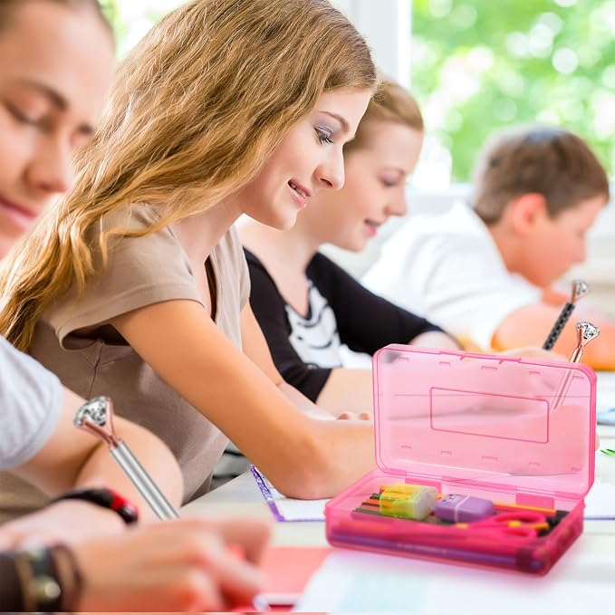 Leelosp 12 Pack Clear Pencil Boxes for School Bulk, Large Plastic Pencil Case with Lid, Stackable Hard Crayon Storage Box for Classroom Kids, Desk Drawer Organizer for Office Home(Pink)